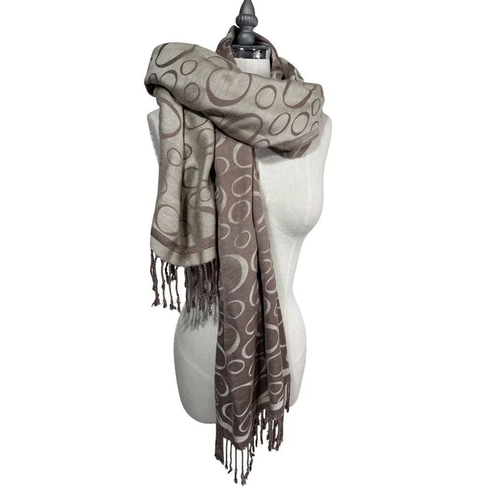 Women's‎ Reversible 100% Cashmere Luxury Brown Scarf Circle Print Fringe Wrap